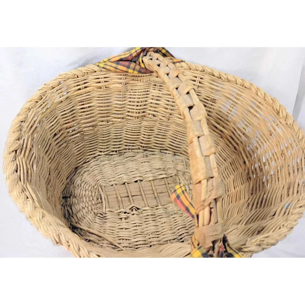 Vintage Oval Wicker Basket with Rustic Handle and Yellow/Orange Plaid Ribbon